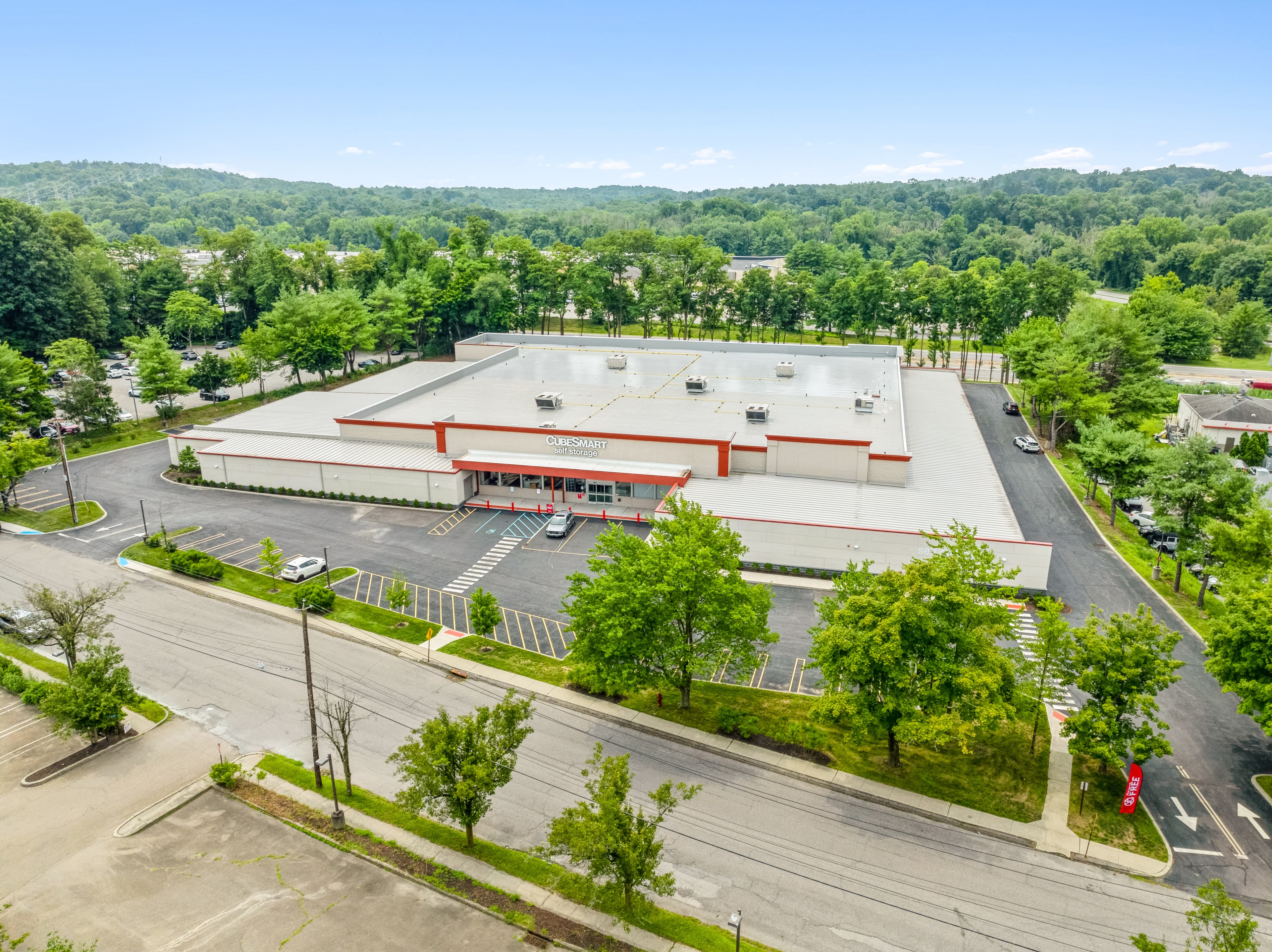 Aerial view of Jefferson Valley Self Storage at 621 Bank Road, surrounded by trees.