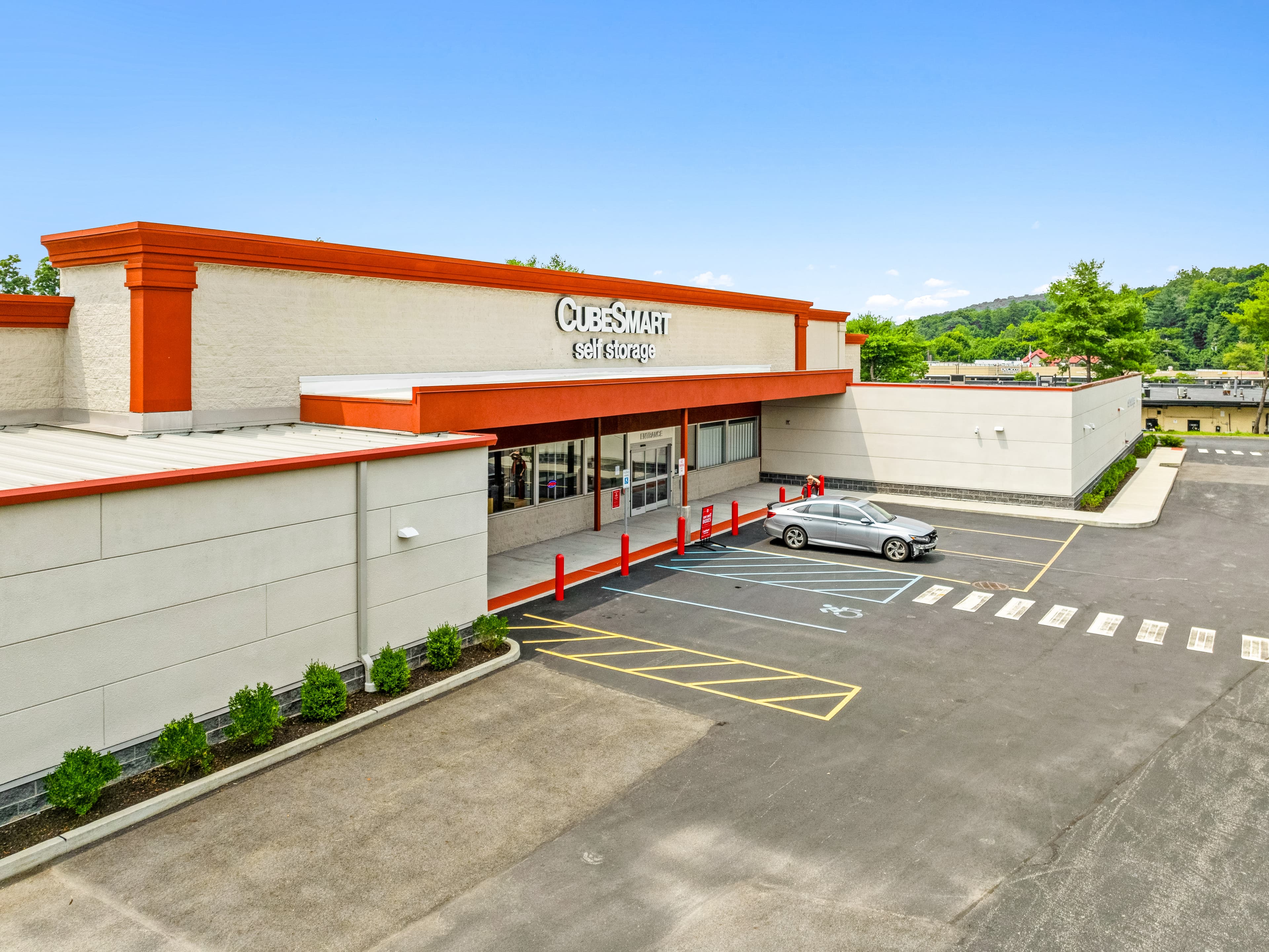 Main entrance and parking area at Jefferson Valley Self Storage.