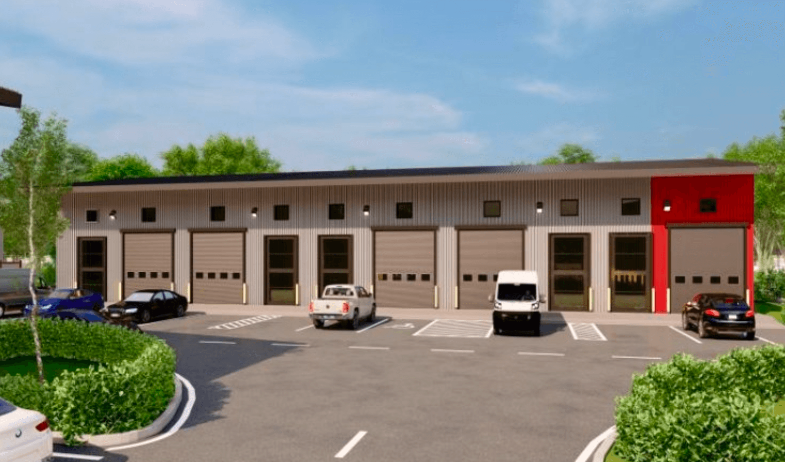 Architectural rendering of Waxahachie Flex Industrial showing building entrances and garage doors.